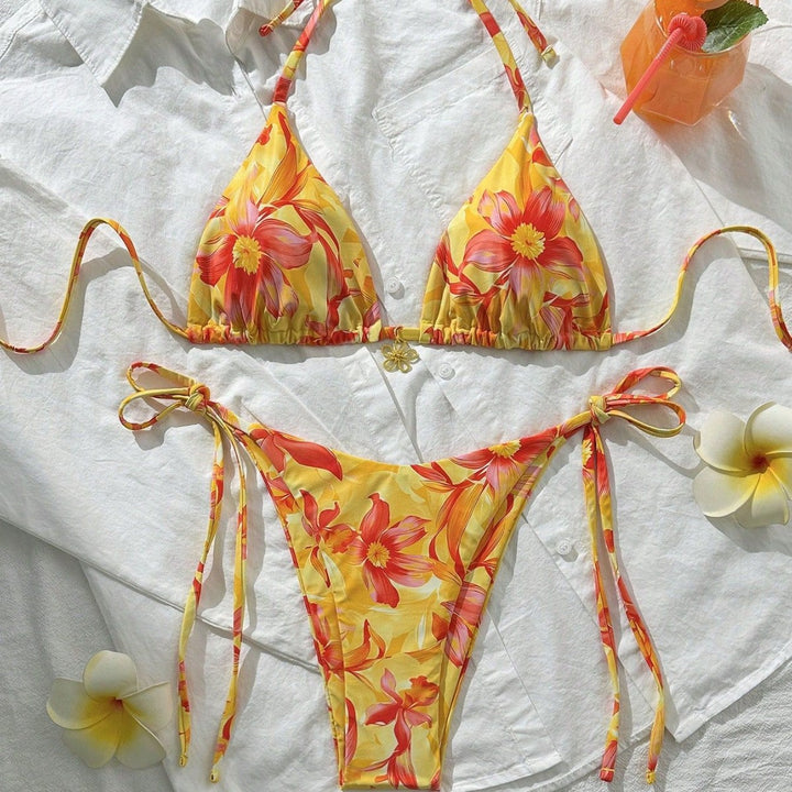 Women's triangle bikini with floral accents and intricate ties Mune Fashion