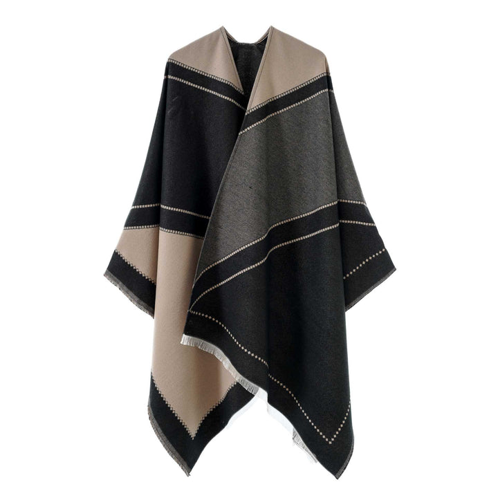 Women Reversible Knitted Cape-Poncho with Fringes and Contrasting Stripes Mune Fashion