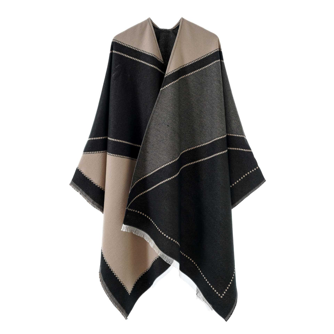 Women's Large Wool Blend Fringe Poncho with Diagonal Contrast Stripes Mune Fashion