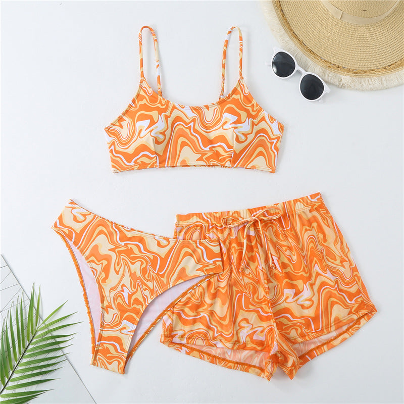 Women's bikini set with creative marble pattern and comfortable shorts Mune Fashion