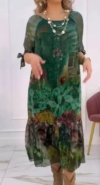 Ladies Elegant Chiffon Maxi Dress with Floral Trim, Tiered Skirt and 3/4 Sleeves Mune Fashion