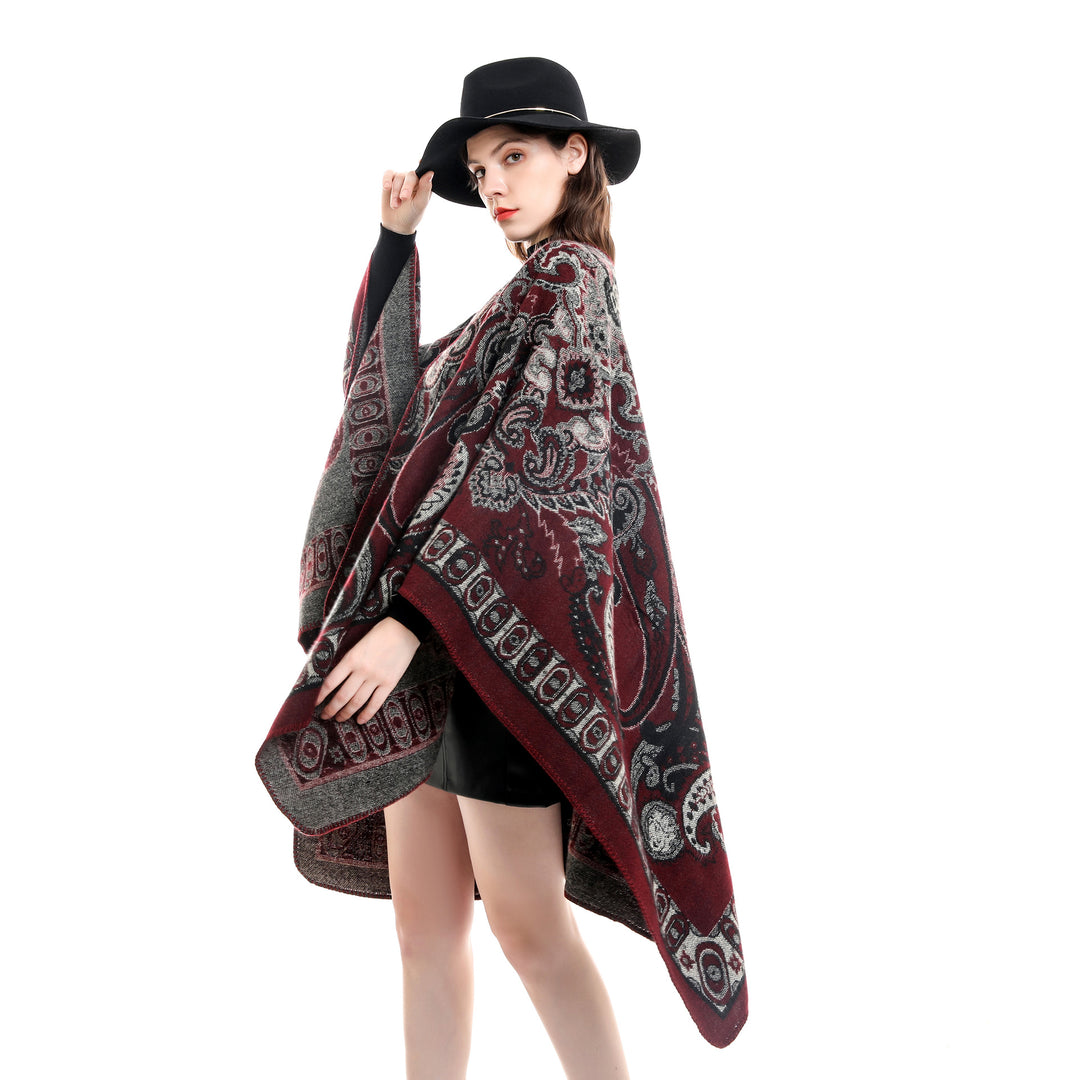 Women’s jacquard-woven oversized ruana with ornamentation and open kimono fall drape