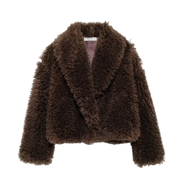 Women's short cozy faux fur cropped jacket with generous shawl collar and open front Mune Fashion
