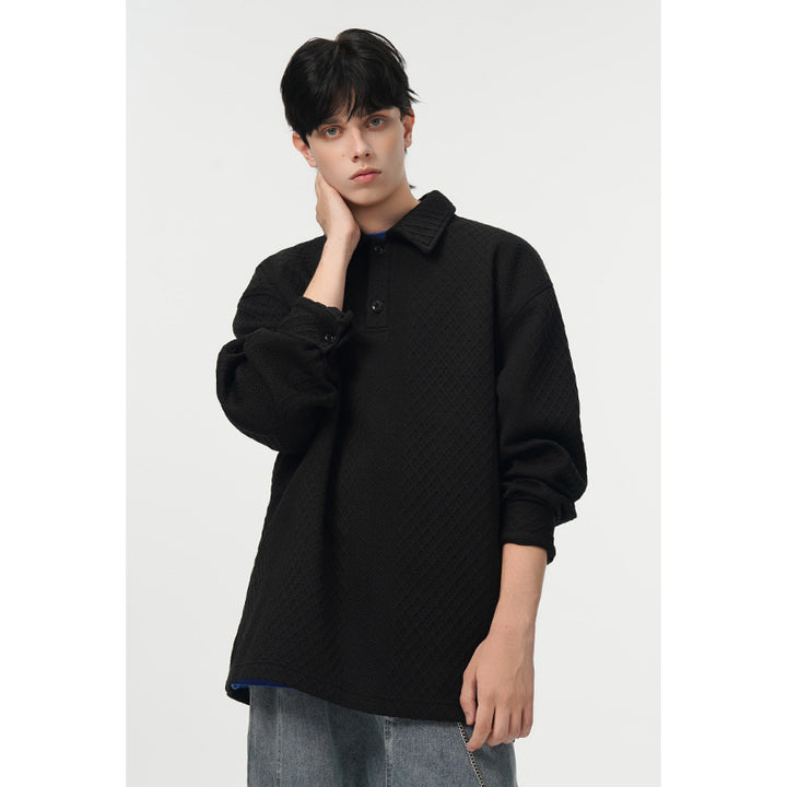 Men's Oversized Polo Shirt Sweatshirt with Diamond Pattern, Extended Cut and Polo Collar Mune Fashion