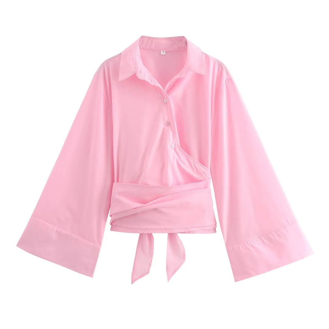 Women 200+ elegant wrap blouse with wide kimono sleeves and waist tie Mune Fashion