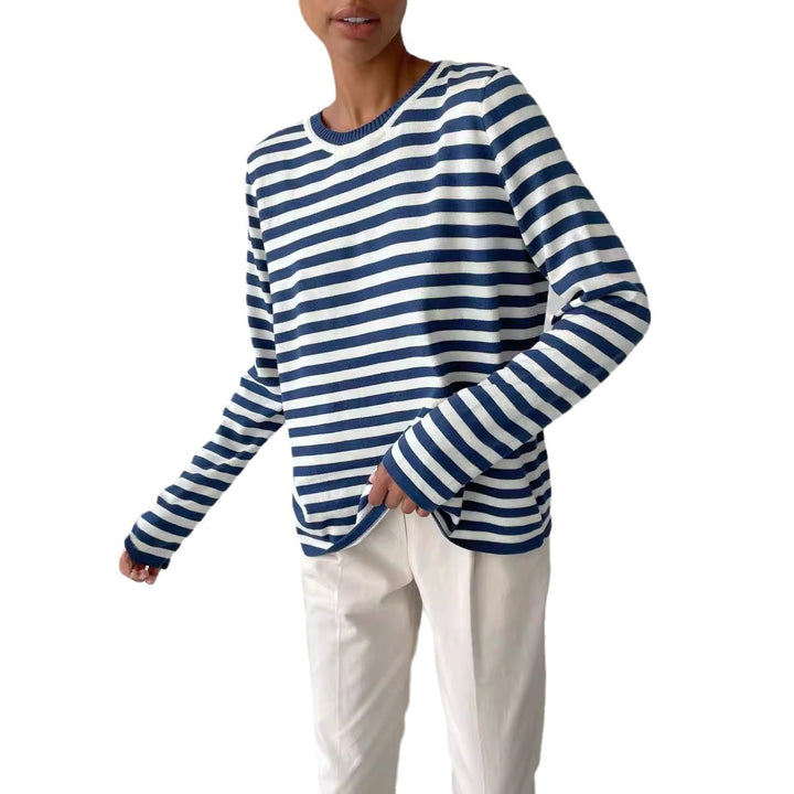 Women's striped cotton sweater with round neck and relaxed fit Mune Fashion