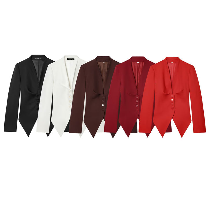 Women's Tailored Cropped Blazer with Pointed Hem and Deep V-Neck Mune Fashion