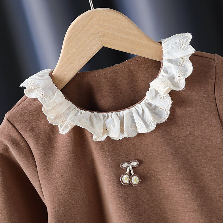 Girl Long Sleeve Shirt with Ruffled Collar and Charming Application Detail Mune Fashion