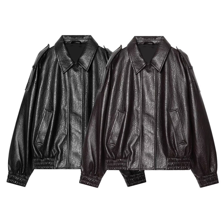 Women Oversized Faux Leather Bomber Jacket with Epaulettes and Gathered Hem Mune Fashion