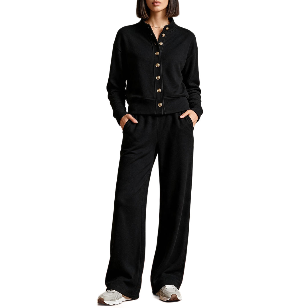 Women's sweat jacket with snap button placket, standing collar, and soft lounge cut Mune Fashion