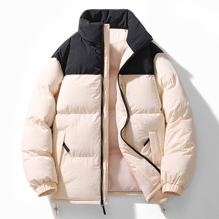 Men's Padded Quilted Jacket with High Collar, Drawstring Hem and Contrast Panel Mune Fashion