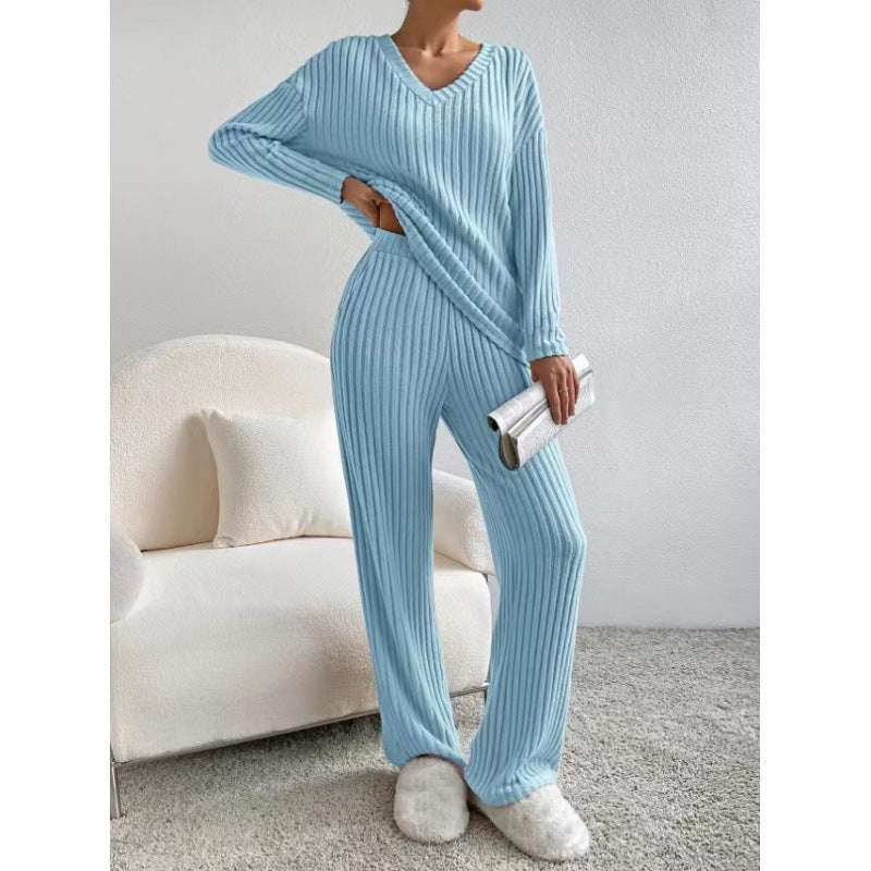 Women Cozy Ribbed Knit Loungewear Set with V-Neck and Wide Leg Mune Fashion