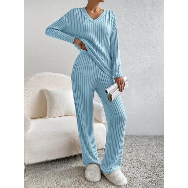 Women Cozy Ribbed Knit Loungewear Set with V-Neck and Wide Leg Mune Fashion