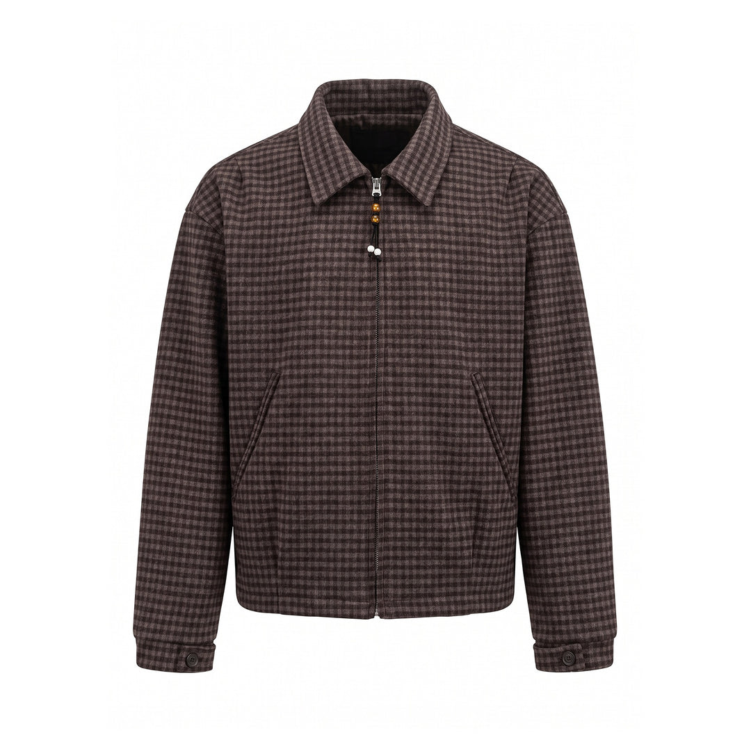 Men's Short-Cut Wool Blend Bomber with Houndstooth Pattern and Concealed Zipper