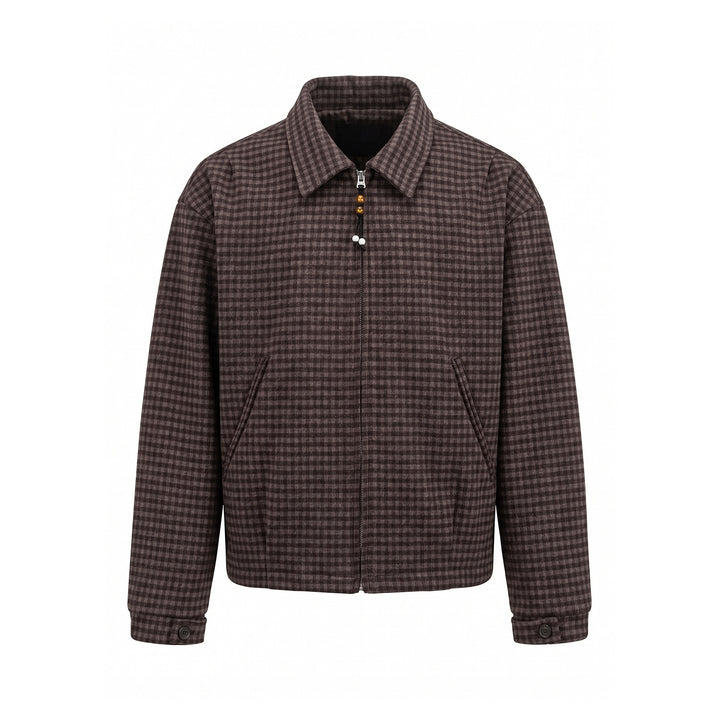 Men's Short-Cut Wool Blend Bomber with Houndstooth Pattern and Concealed Zipper