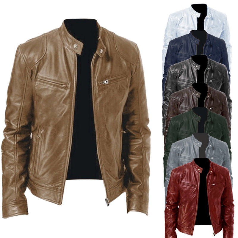 Men's slim genuine leather biker jacket with stand-up collar, two zippered chest pockets and straight silhouette Mune Fashion