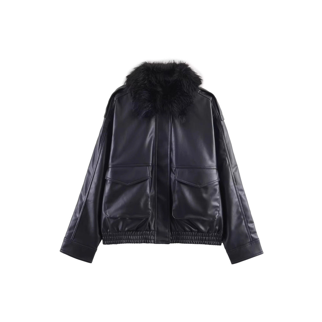 Women's Short Cut Faux Leather Bomber with Voluminous Faux Fur Collar Mune Fashion