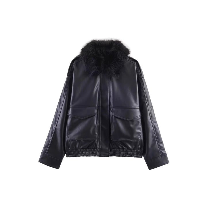 Women's Short Cut Faux Leather Bomber with Voluminous Faux Fur Collar Mune Fashion