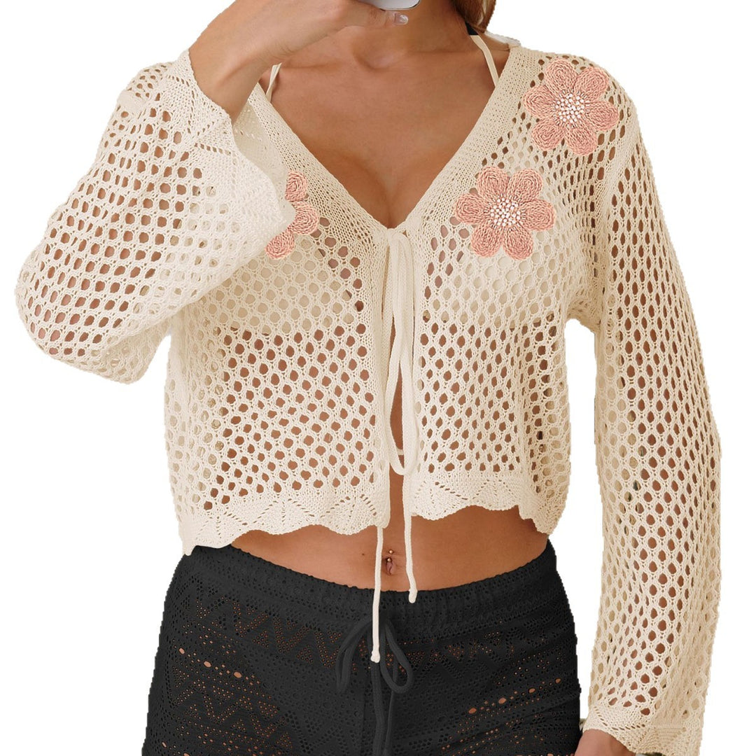 Women's Airy Crochet Beach Cover-Up with Decorative Flowers Mune Fashion