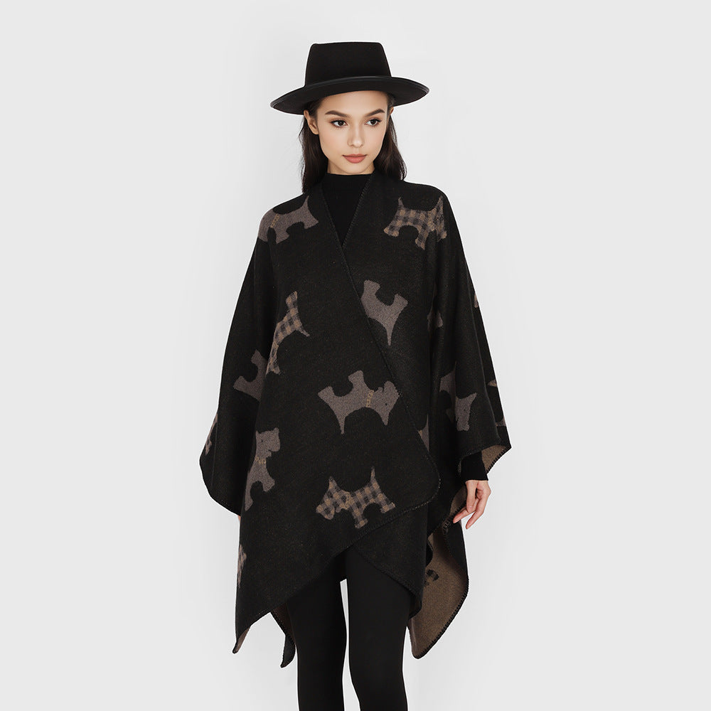 Women Oversized Poncho with jacquard woven Terrier motif and contrasting lining Mune Fashion