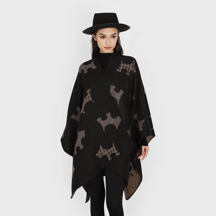 Women Oversized Poncho with jacquard woven Terrier motif and contrasting lining Mune Fashion