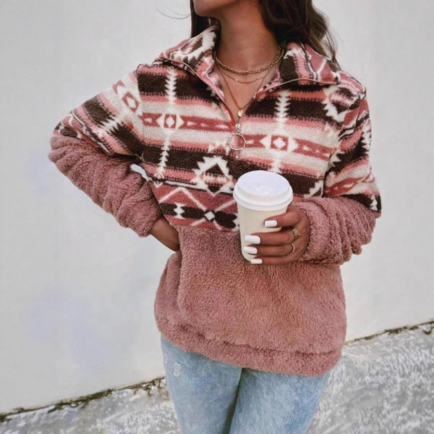 Women's Fleece Pullover with Modern Aztec Pattern and Stand-Up Collar Mune