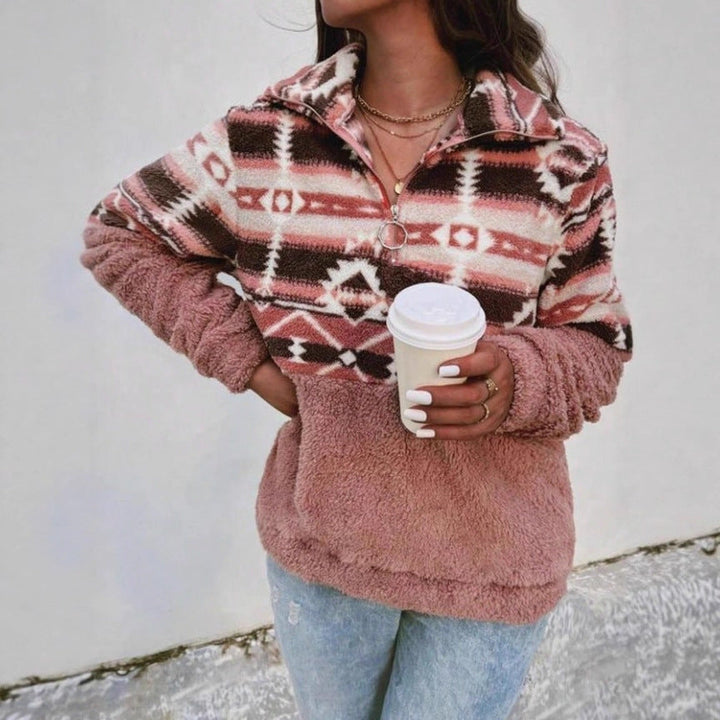 Women's Fleece Pullover with Modern Aztec Pattern and Stand-Up Collar Mune