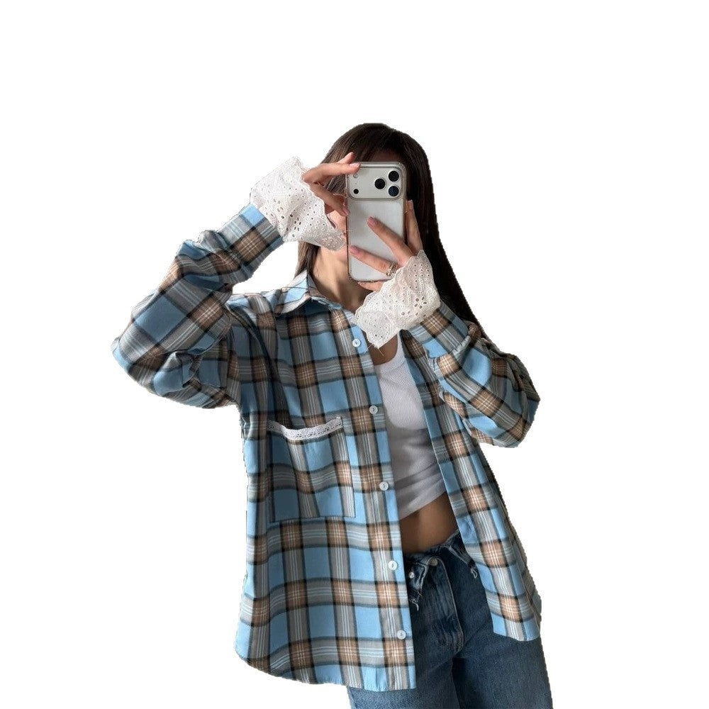 Women’s Oversize Checked Flannel Shirt with Lace Cuffs and Decorative Piping Mune Fashion
