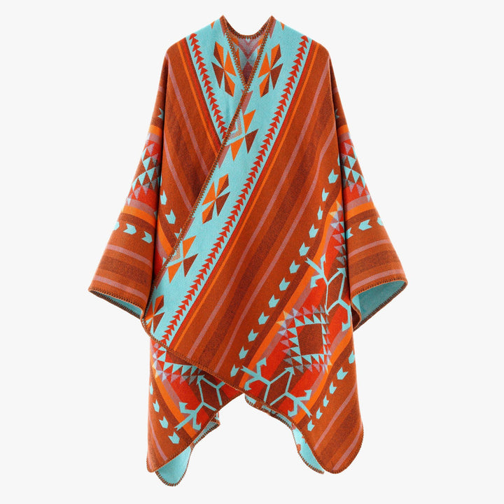 Women Oversize Jacquard Wrap Poncho with Geometric Aztec Pattern Mune Fashion
