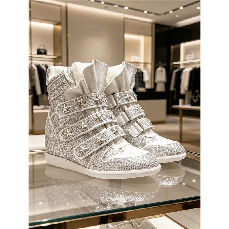 Ladies Wedge Sneakers with Hidden Heel, Rhinestone Trim and Star Studs Mune Fashion
