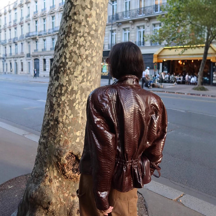 Women's Shiny Snake Pattern Leather Bomber Jacket Mune Fashion