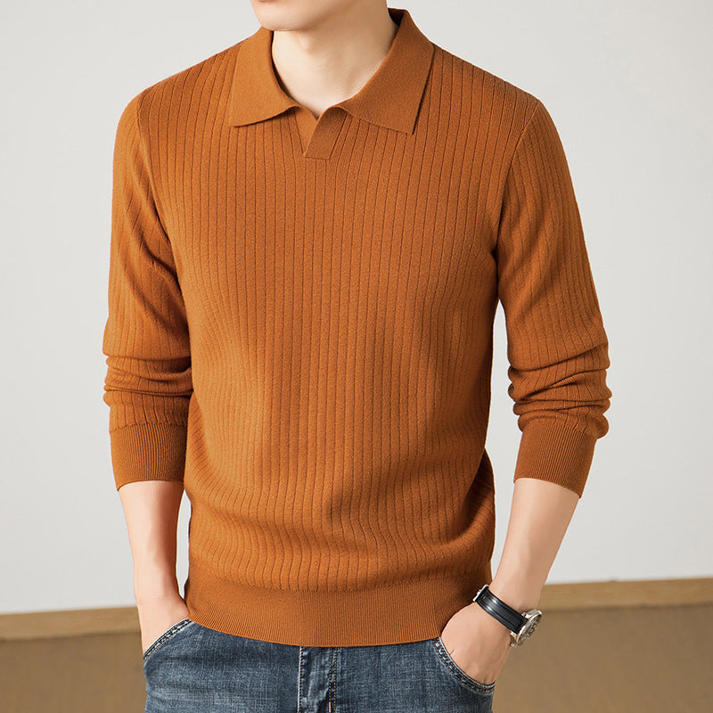 Men's polo collar fine knit sweater with ribbed texture and slim silhouette Mune Fashion