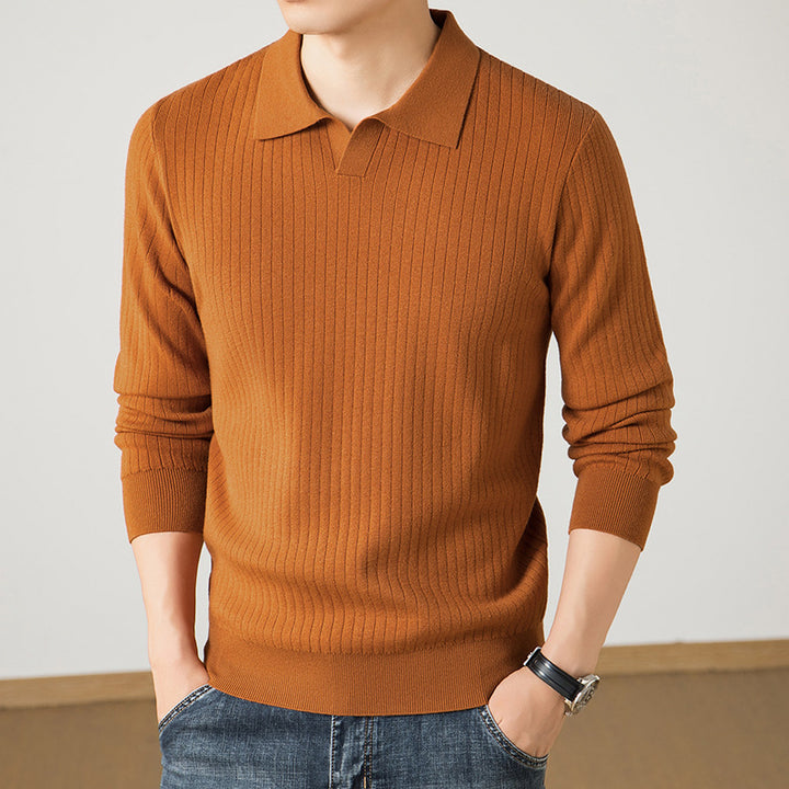 Men's polo collar fine knit sweater with ribbed texture and slim silhouette Mune Fashion