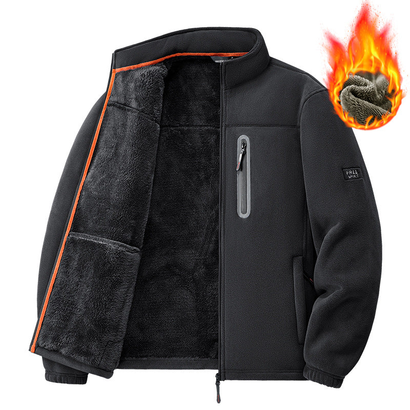 Men's nan thermal fleece jacket with high-pile teddy lining, chest zip pocket, and windproof front shell