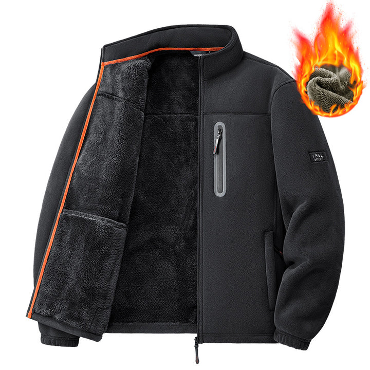 Men's nan thermal fleece jacket with high-pile teddy lining, chest zip pocket, and windproof front shell