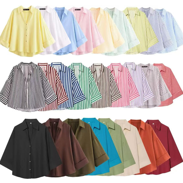 Women's relaxed oversized shirt blouse with wide collar and three-quarter sleeves Mune Fashion