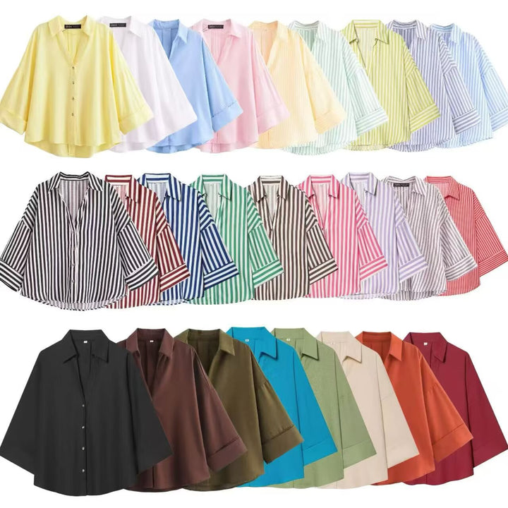 Women's relaxed oversized shirt blouse with wide collar and three-quarter sleeves Mune Fashion