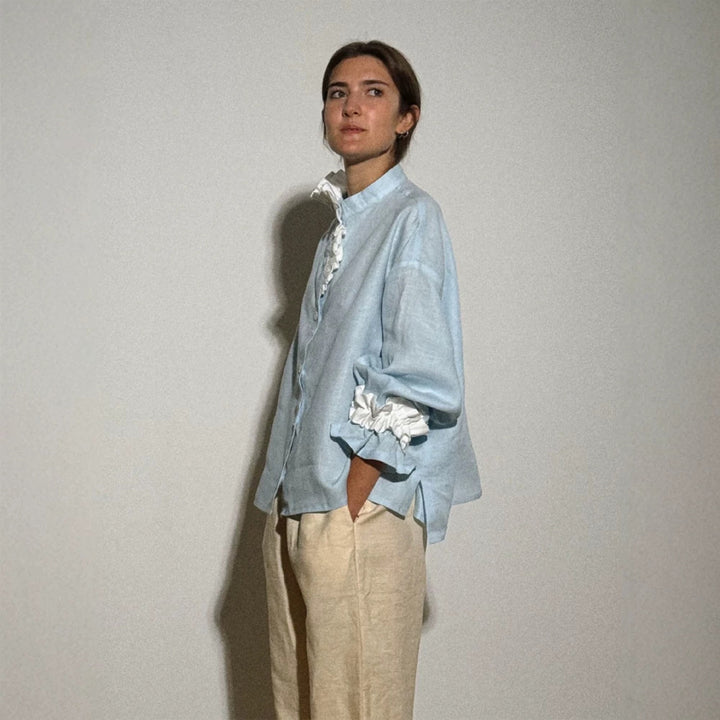 Women's lightweight linen blouse with stand-up collar, oversized silhouette and gathered cuffs Mune Fashion