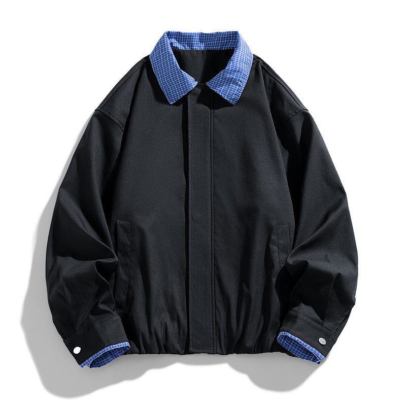 Women's Fashion Blouson Jacket with Check Collar Mune Fashion
