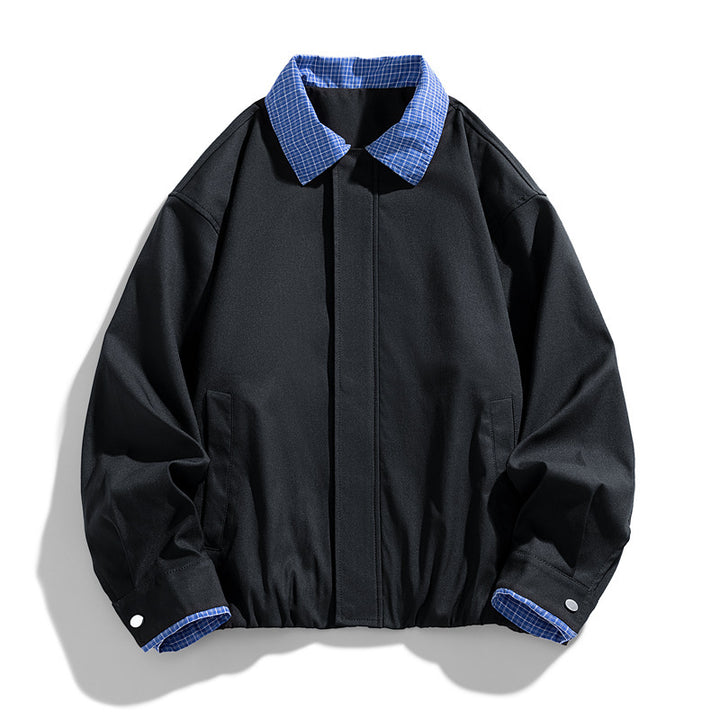 Women's Fashion Blouson Jacket with Check Collar Mune Fashion