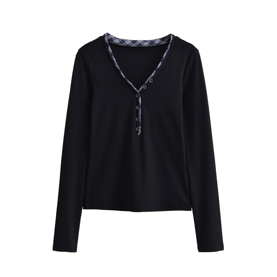 Women's long sleeve shirt with V-neck, button placket and check trim Mune Fashion
