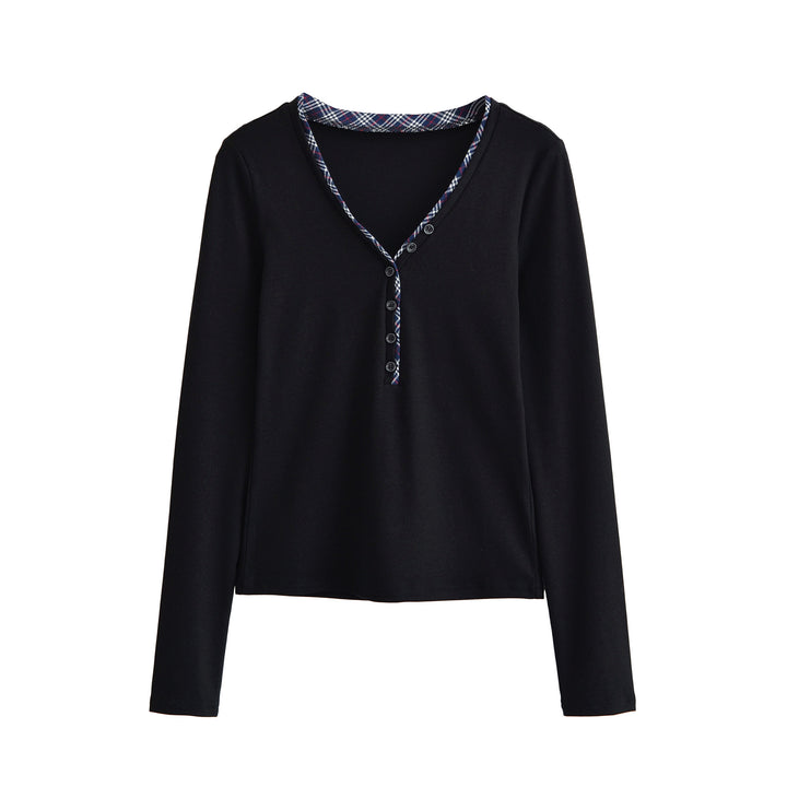 Women's long sleeve shirt with V-neck, button placket and check trim Mune Fashion