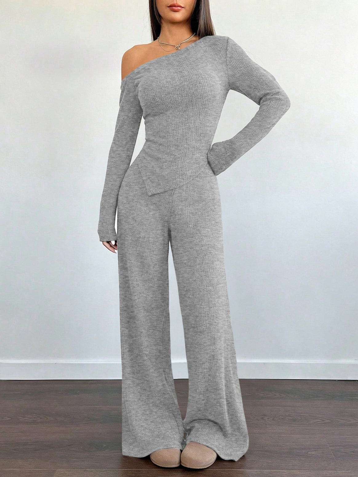 Women's Asymmetrical Knit Lounge Set with One-Shoulder Top and Wide Leg Mune Fashion