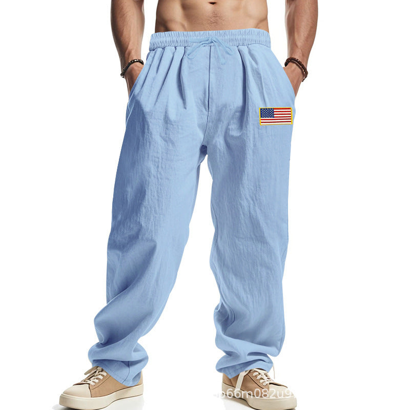 Men's Comfortable Leisure Pants with Elastic Waistband and Usa Flag Application Mune