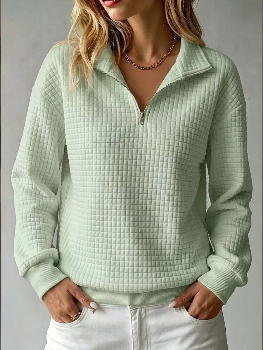 Women's Quilted Fleece Pullover with Half Zipper and Stand-Up Collar Mune Fashion
