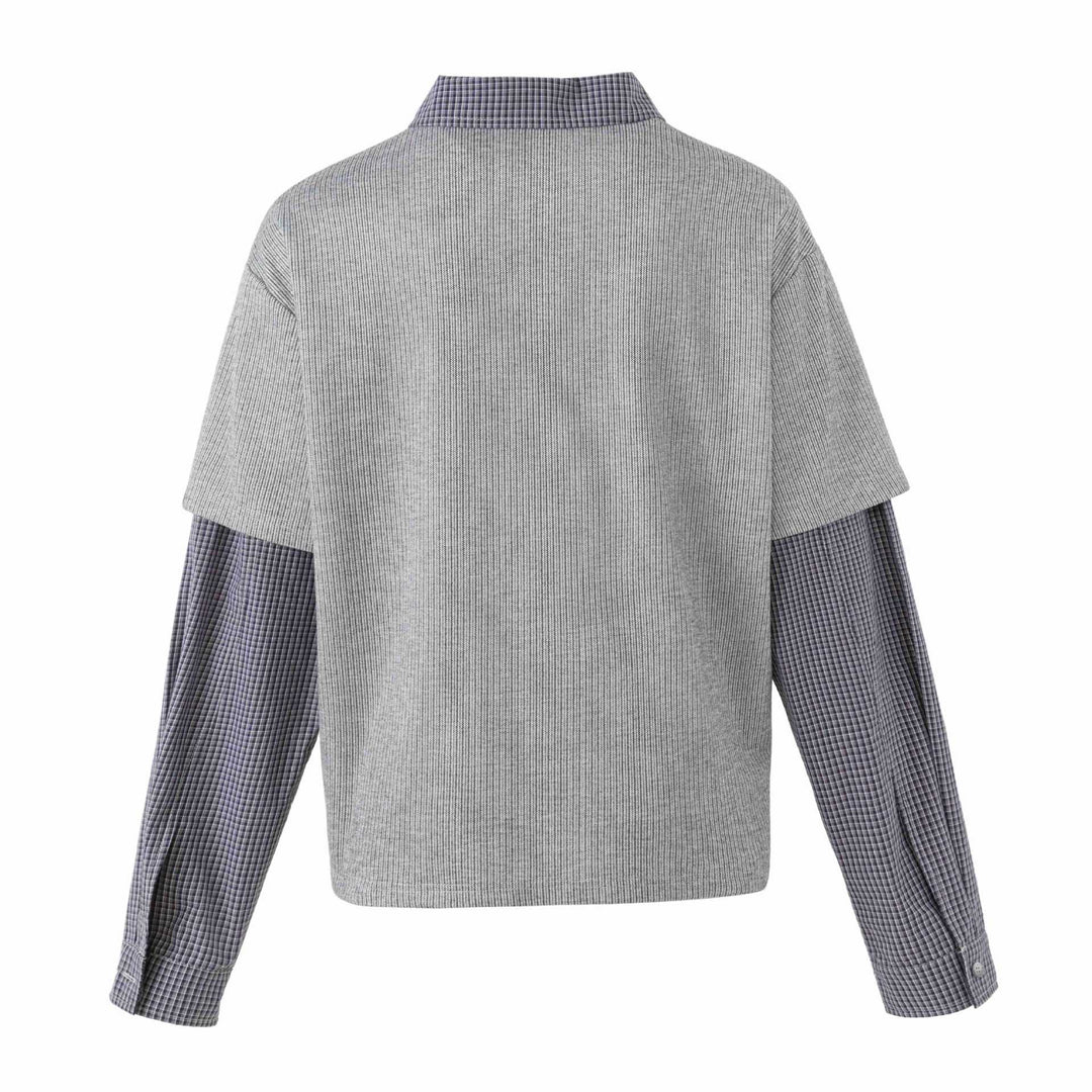 Unisex Layered Look Knit Polo Shirt with Checkered Insert Sleeves and Statement Print Mune Fashion