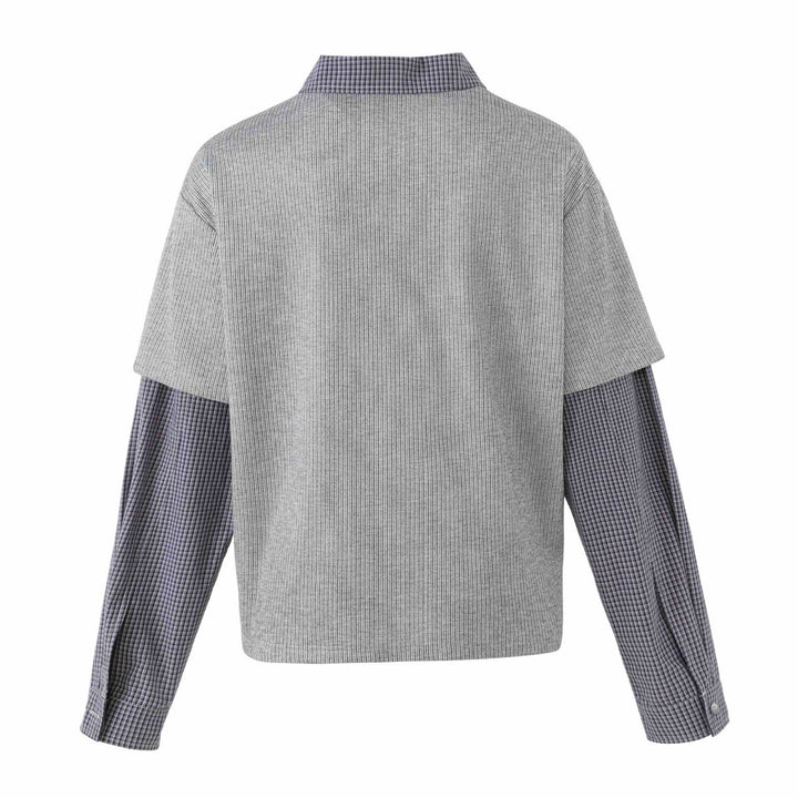 Unisex Layered Look Knit Polo Shirt with Checkered Insert Sleeves and Statement Print Mune Fashion