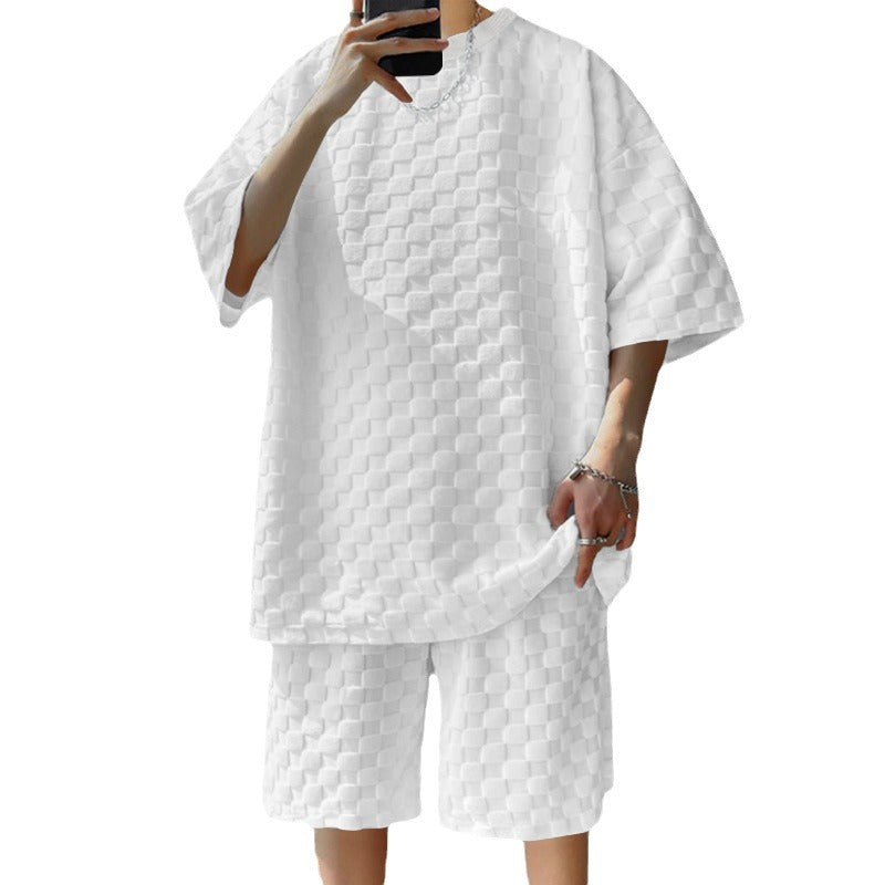 Men's oversized lounge set with textured waffle check pattern, short sleeve shirt and bermuda shorts Mune Fashion