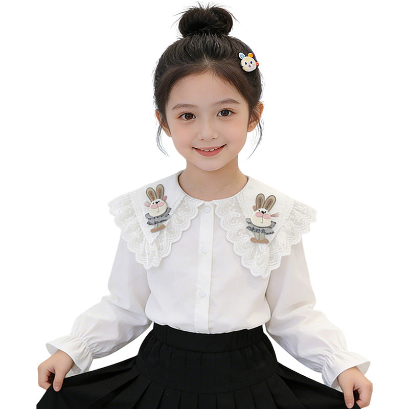 Girls ruffle blouse with playful bunny motif and lace collar Mune Fashion