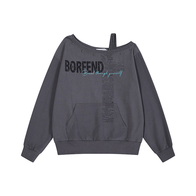 Women's Oversize Sweatshirt with Asymmetric One-Shoulder Strap, Kangaroo Pocket and Studs Mune Fashion